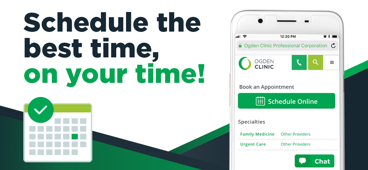 Banner of a cell phone promoting Ogden Clinic's online scheduling tool