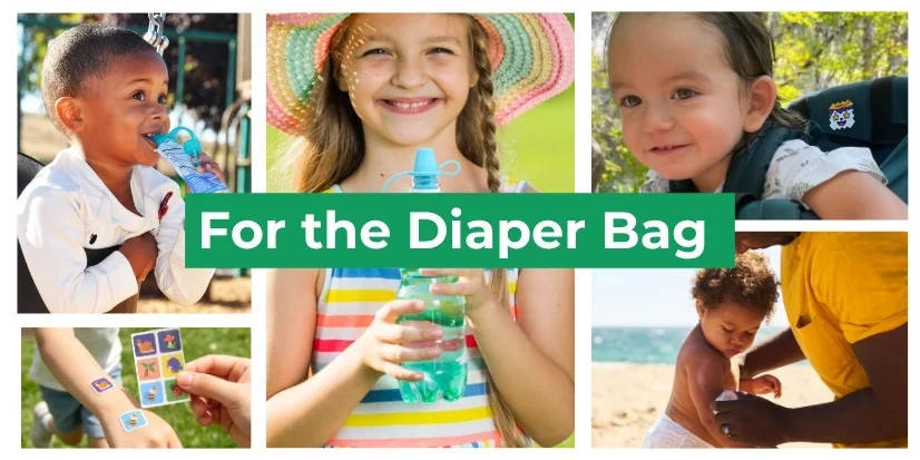 collage of products with overlay text 'diaper bag lifesavers'