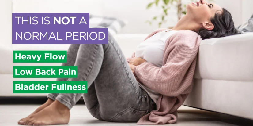 Image of a hurting woman with overlay text 'this is not a normal period'