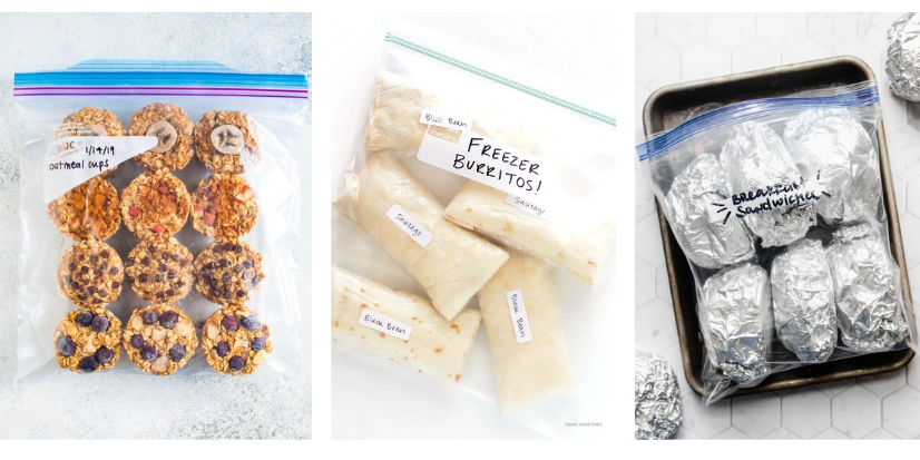 Freezer prep of breakfast burritos, oatmeal cups, and breakfast sandwiches