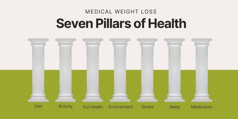 Image of seven pillars of weight loss - stress, sleep, medication, gut, environment, diet, and activity